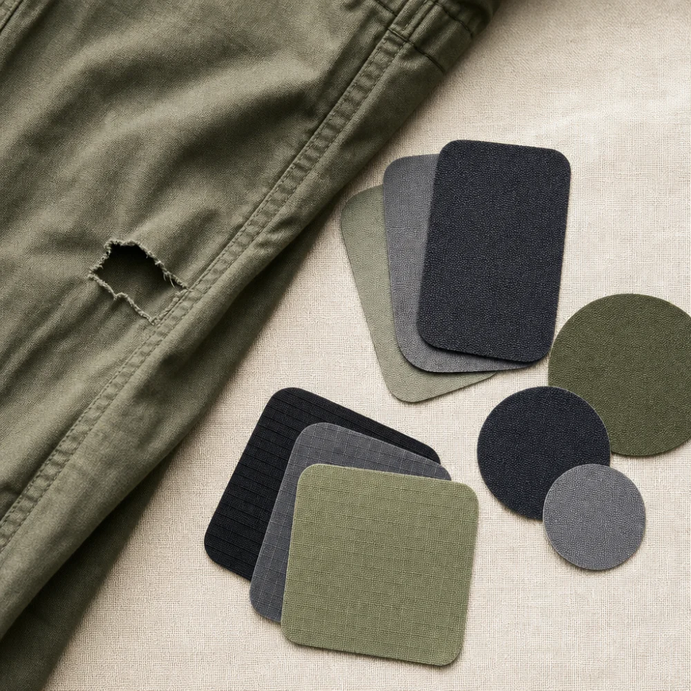 Assorted clothing repair patches arranged on fabric next to a small repaired tear