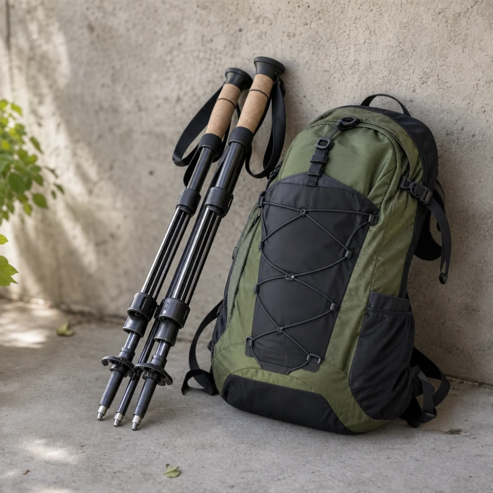 Generic collapsible trekking poles beside a daypack
