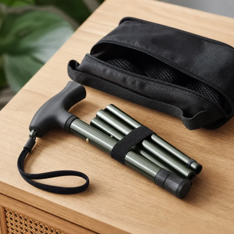 A folded walking cane beside a carry bag on a neutral background.