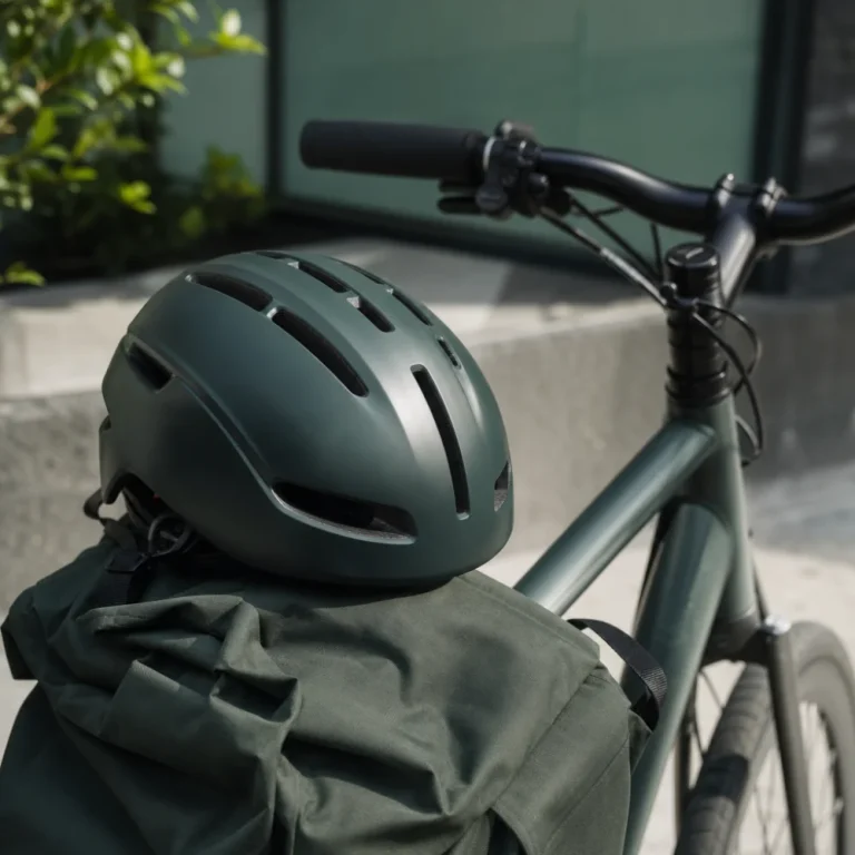An unbranded commuter bike helmet beside a bicycle handlebar and backpack in a simple urban commuting scene.