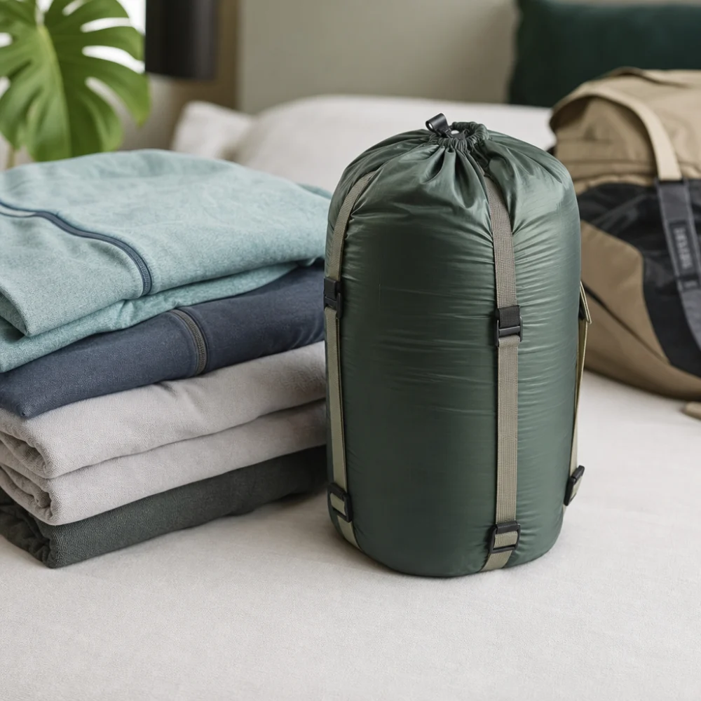 Generic compression packing sack beside folded soft travel gear