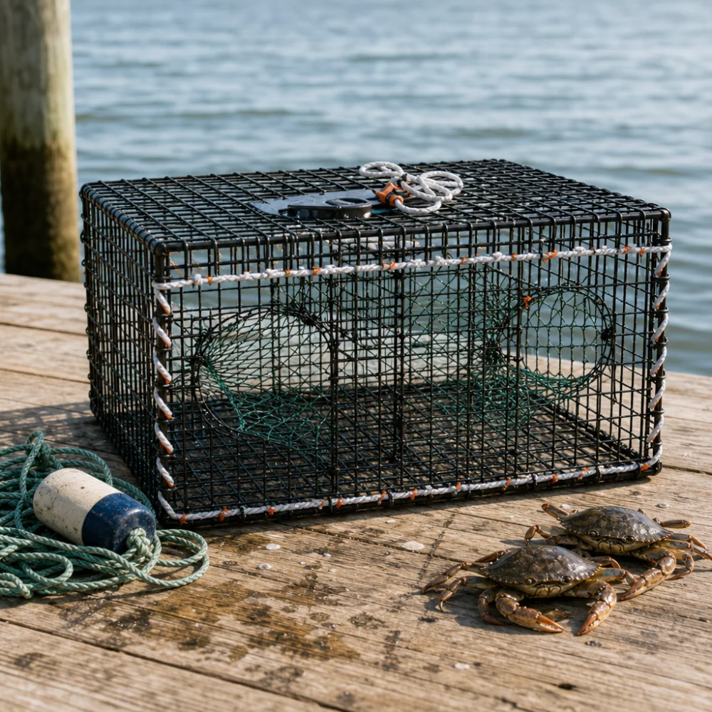 A generic crab trap shown in a simple saltwater fishing setup on a neutral background.
