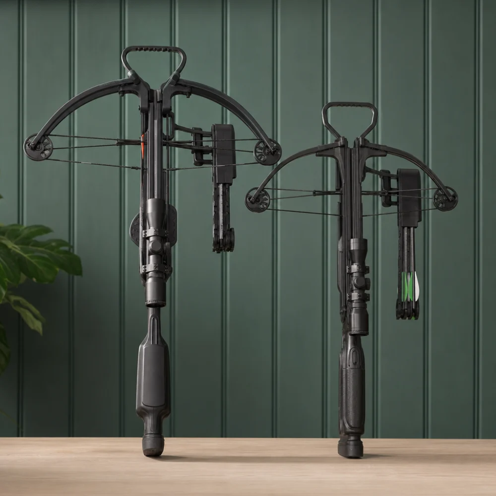 Two generic crossbows displayed side by side to illustrate different design styles.