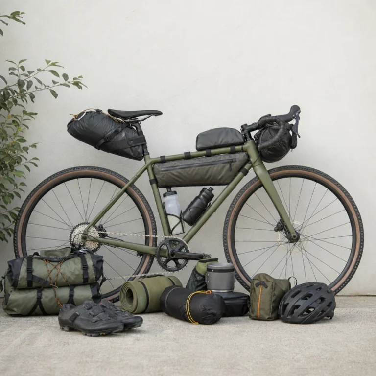 Bicycle with bikepacking bags and cycling gear