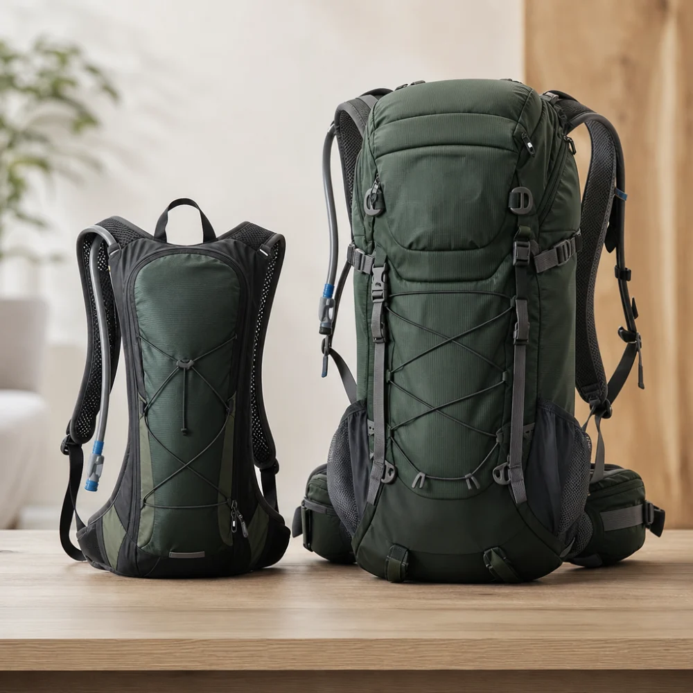 Two cycling hydration packs of different sizes on a neutral background