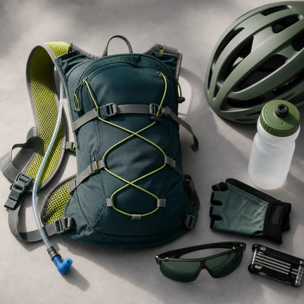 Cycling hydration pack with basic ride essentials on a neutral background