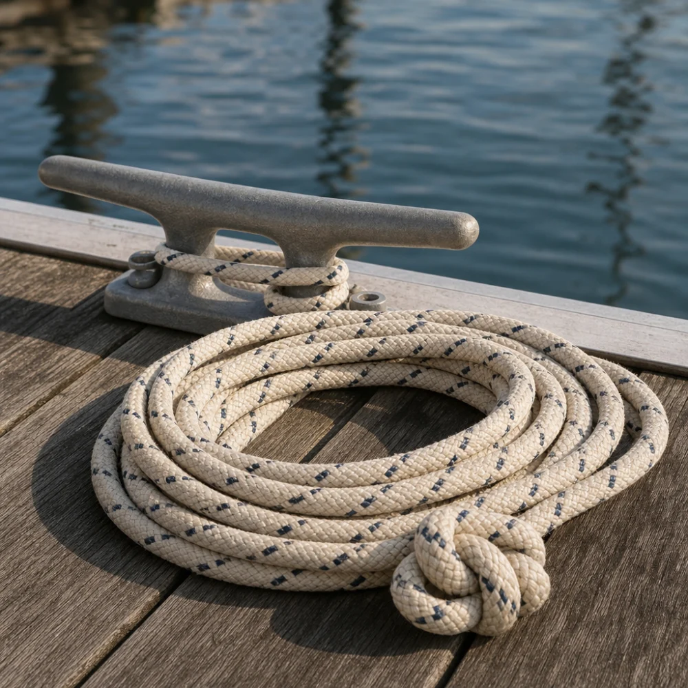 Coiled dock lines beside a dock cleat at a marina