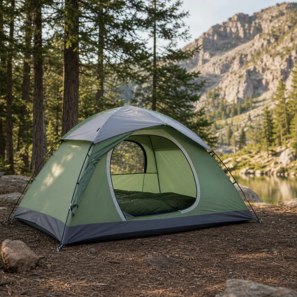 A generic dome tent set up at a campsite