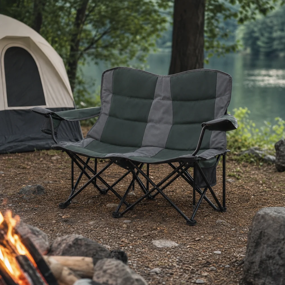A two-person camping chair set up outdoors near a campfire area.