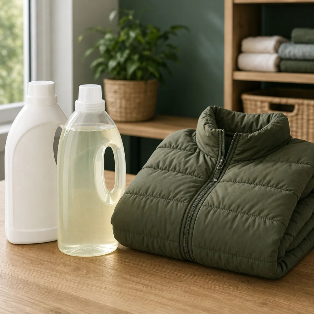 Unlabeled cleaning bottles beside a folded insulated jacket