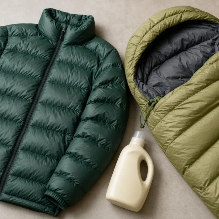 Down jacket, sleeping bag, and care bottle arranged on a neutral surface