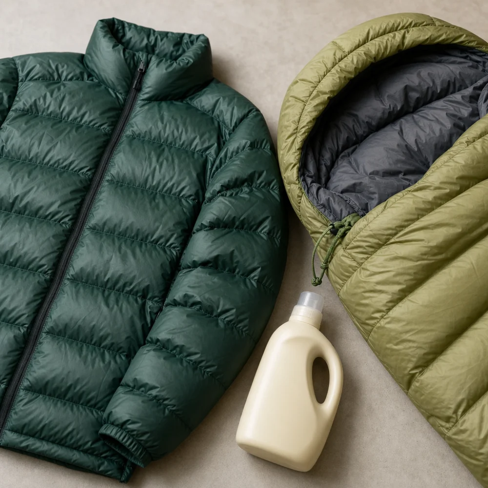 Down jacket, sleeping bag, and care bottle arranged on a neutral surface