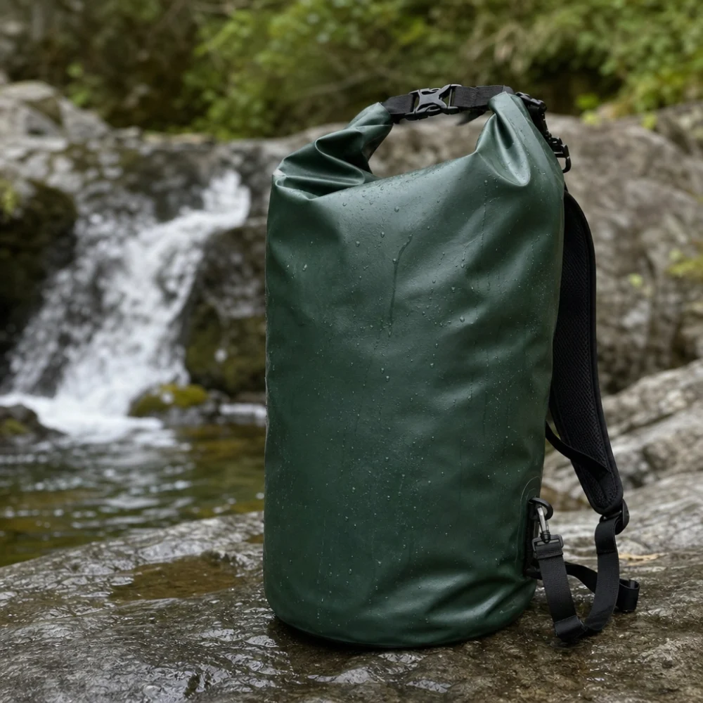 Dry bag backpack shown upright in a simple outdoor setting
