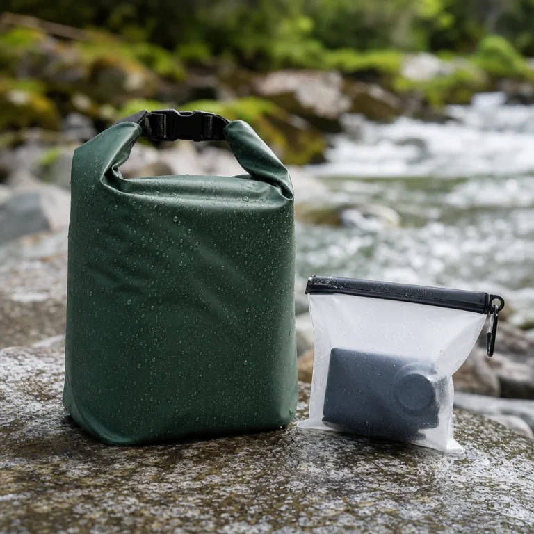 A dry bag and a waterproof pouch on an outdoor surface
