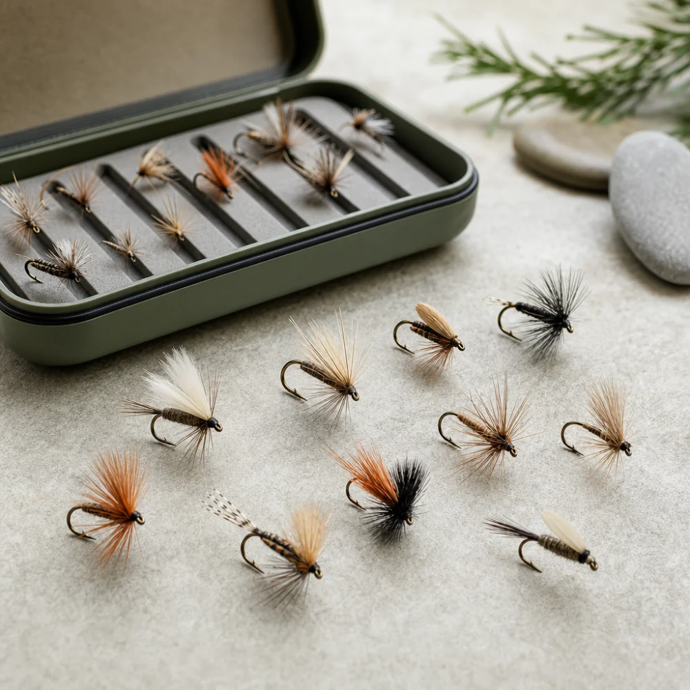 Several dry fishing flies arranged beside a fly box on a neutral background.