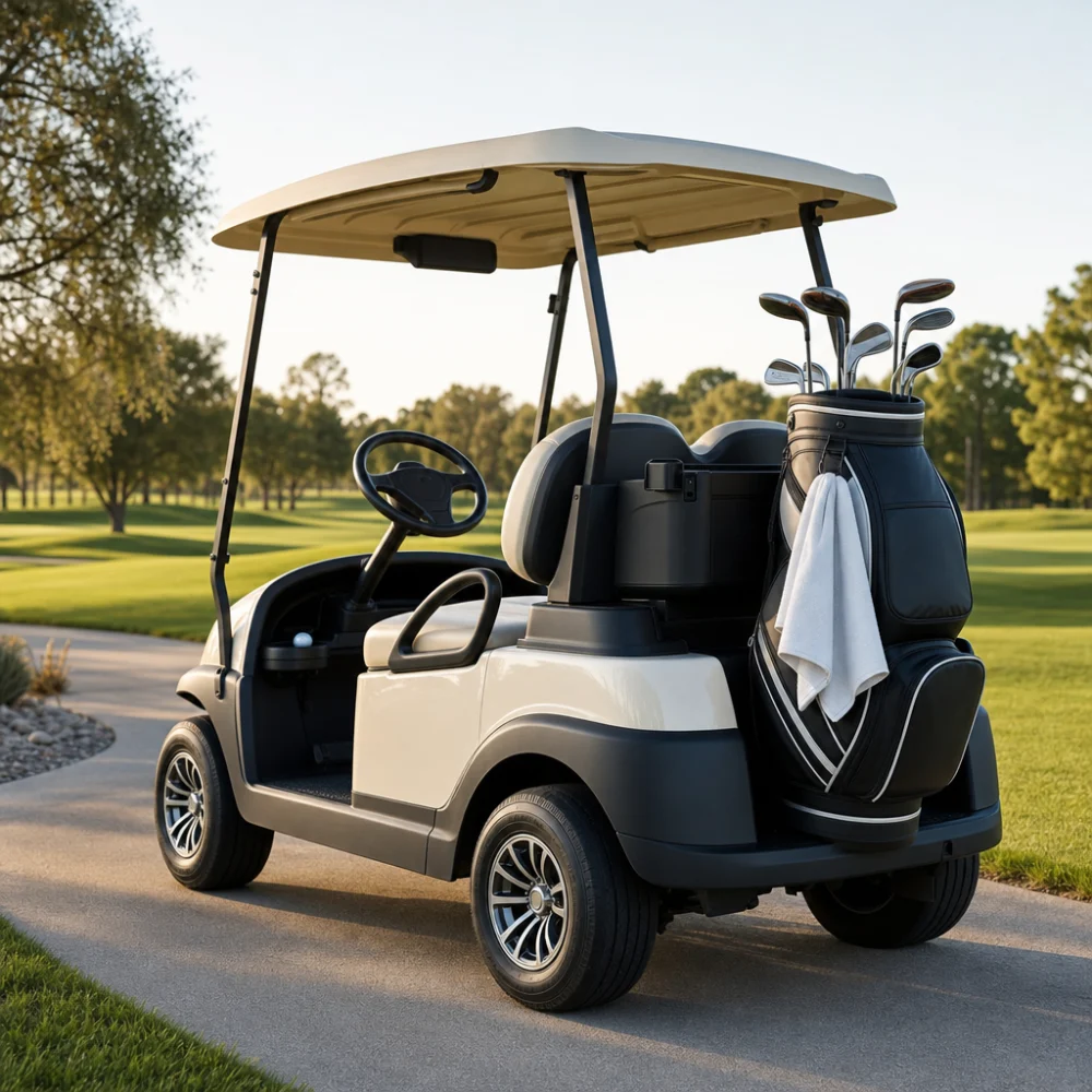 Electric golf cart on a golf course path with a golf bag attached