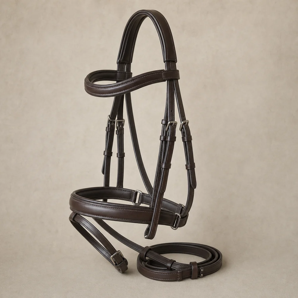 A generic English bridle laid out on a neutral background