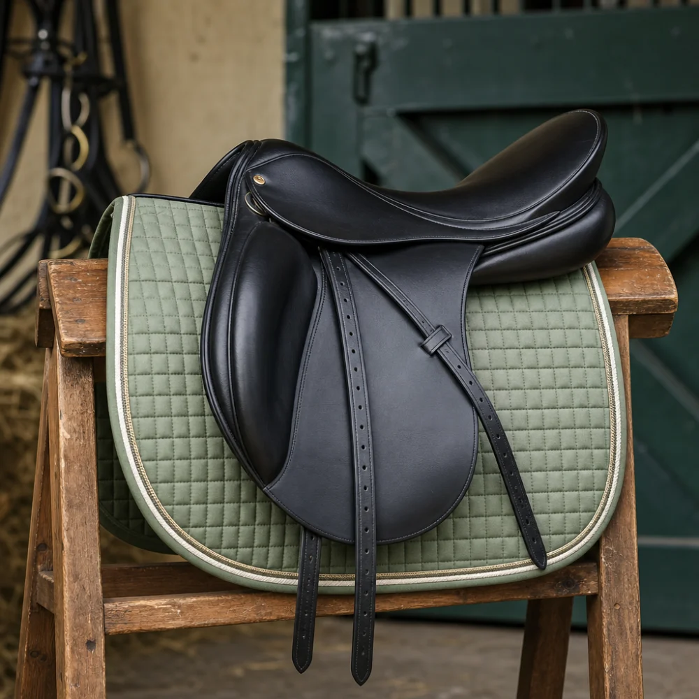 An English saddle displayed on a neutral background with simple tack-room styling.