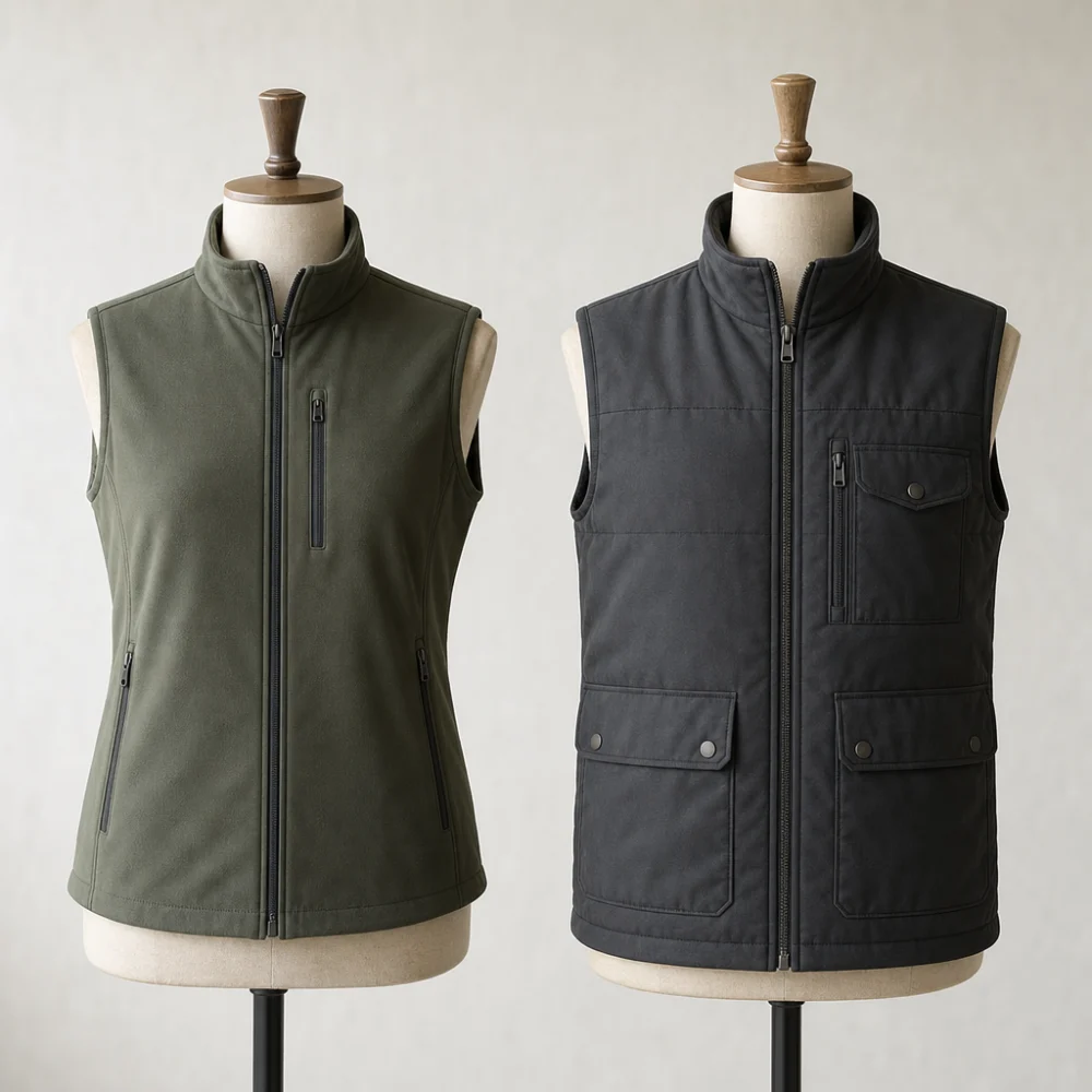Two unbranded equestrian safety vest styles shown side by side