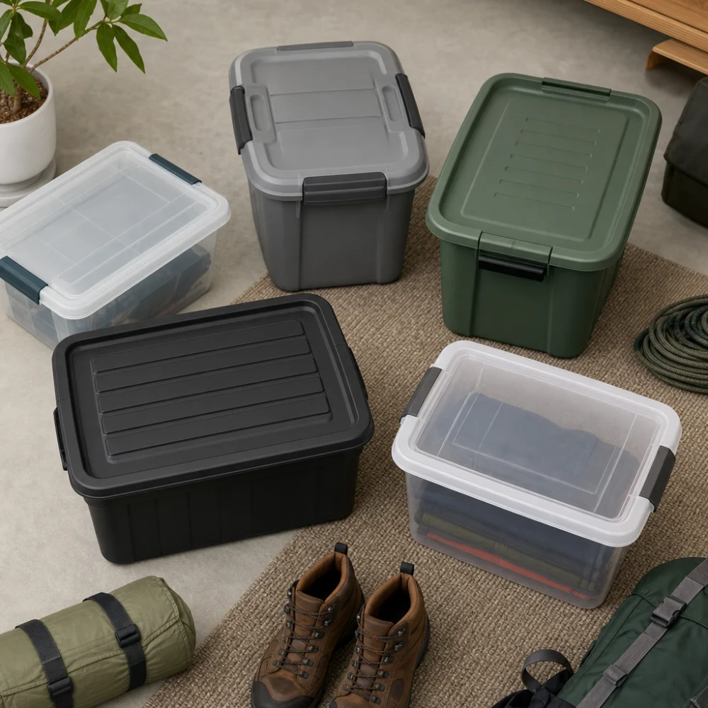 Several generic equipment storage bins arranged with outdoor gear for comparison