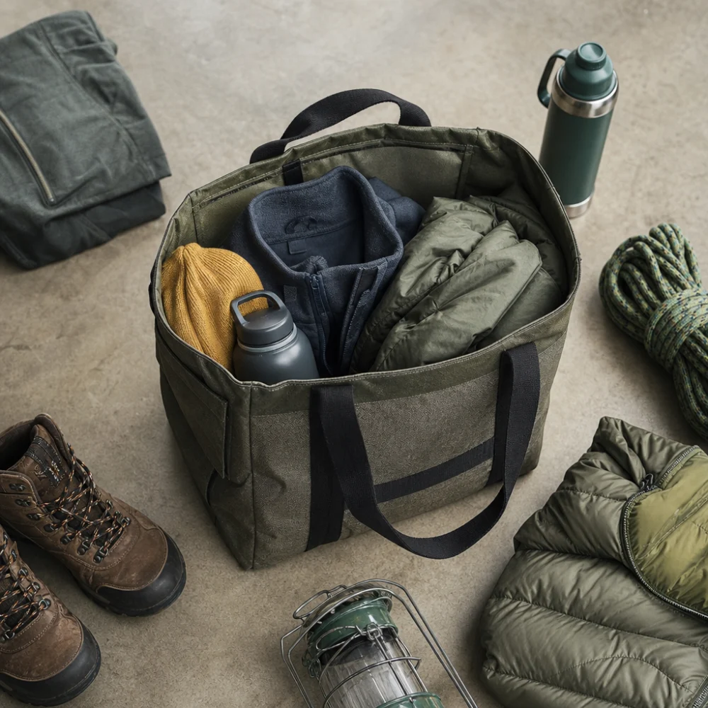 A generic equipment tote with mixed gear arranged beside it on a neutral background.