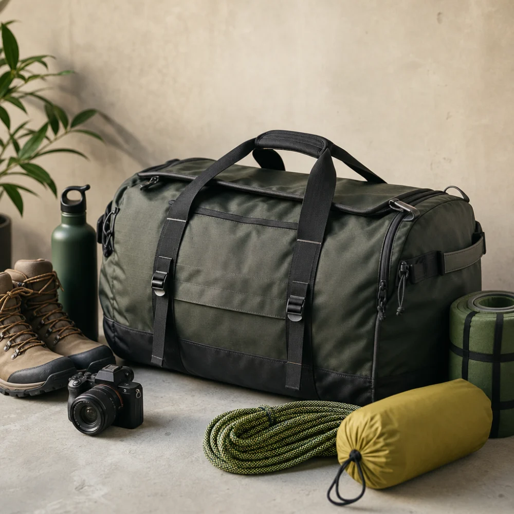 A rugged expedition duffel bag shown with travel and outdoor gear on a neutral background.