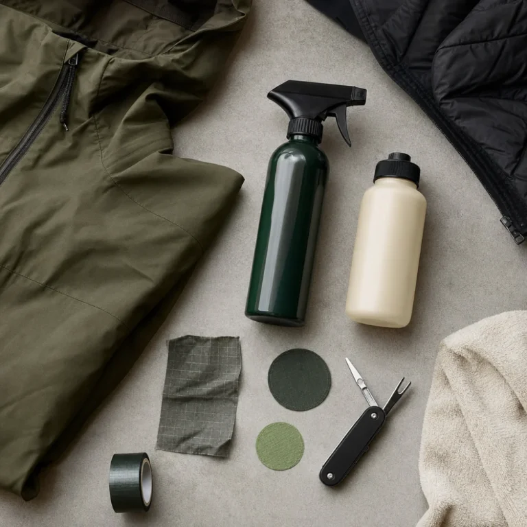 Flat lay of clothing care items on a neutral background