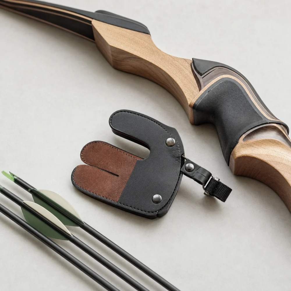 An archery finger tab shown with a bow grip and practice arrows on a plain background.