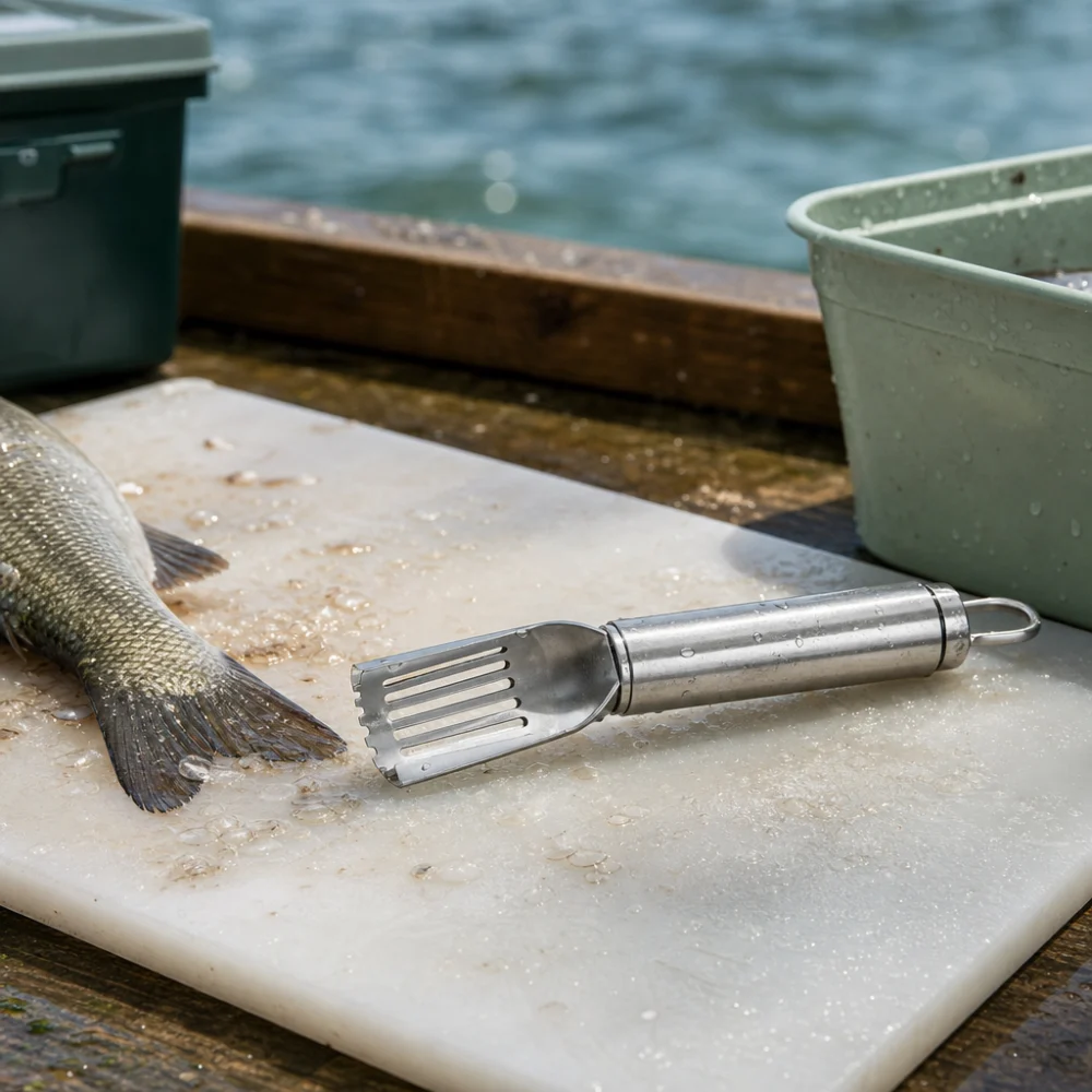 Generic fish cleaning tool arranged on a clean surface with simple fishing prep items.