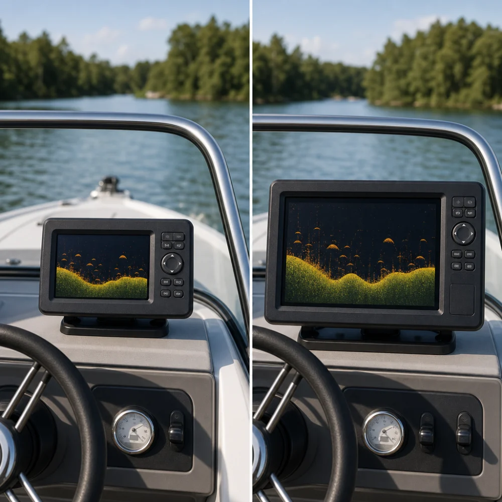 Two generic fish finder displays of different sizes on a boat console
