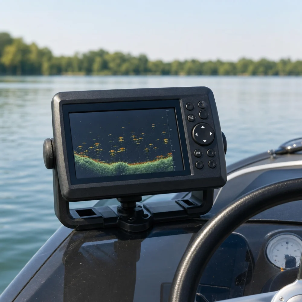 A fish finder display mounted on a boat helm with water in the background