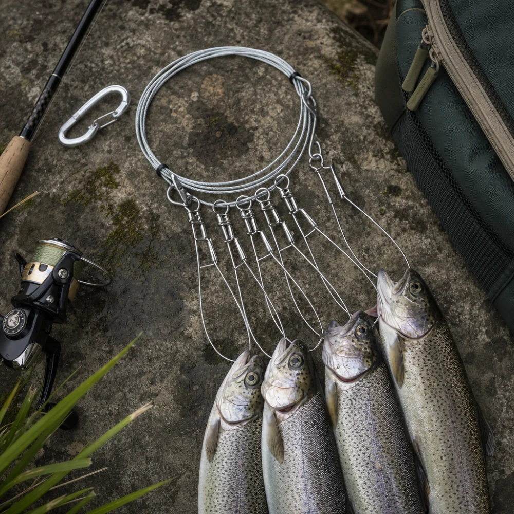 A generic fish stringer laid out with simple fishing gear on a neutral background.