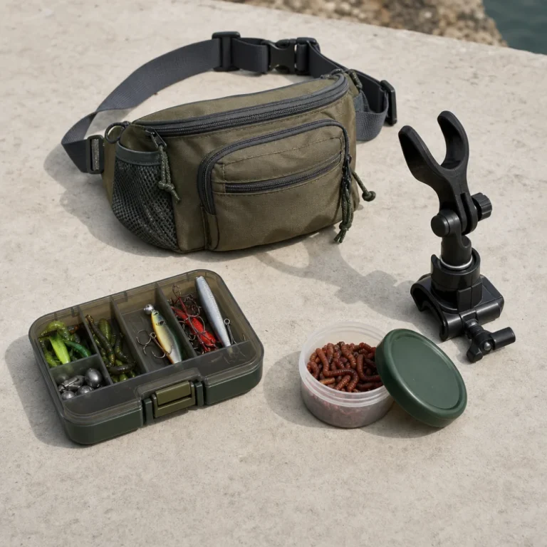 Generic fishing accessories arranged on a neutral surface