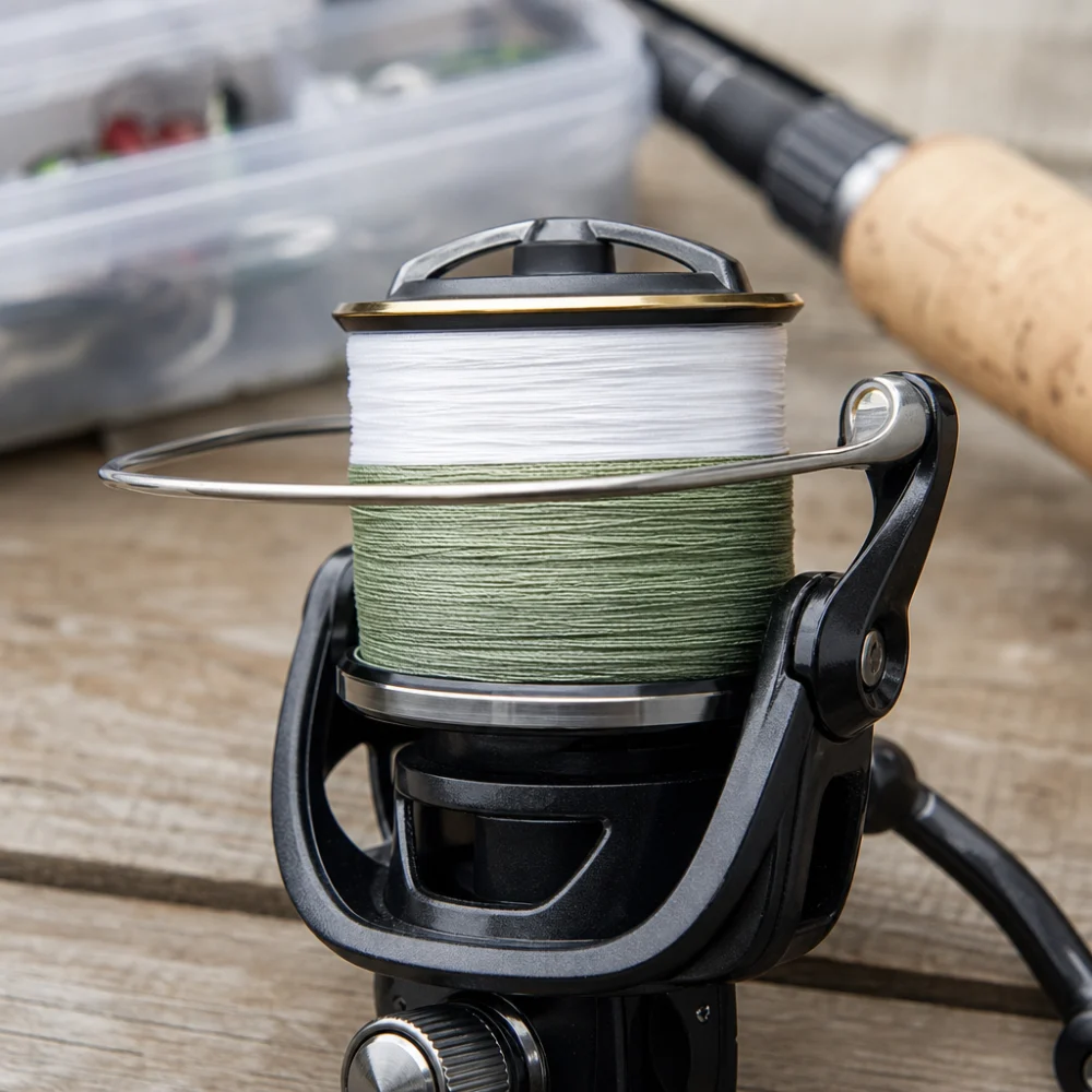Fishing reel spool showing backing line beneath the main line