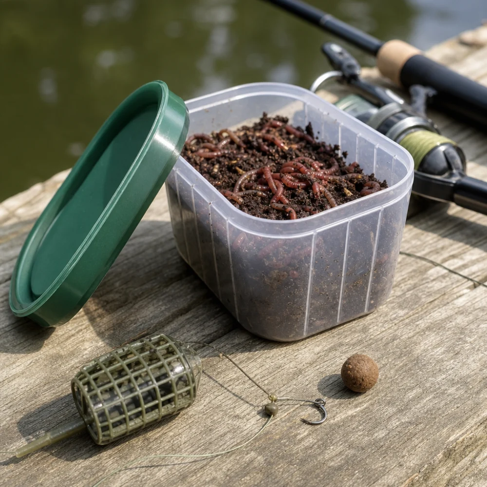 A fishing bait container with basic tackle on a neutral outdoor surface