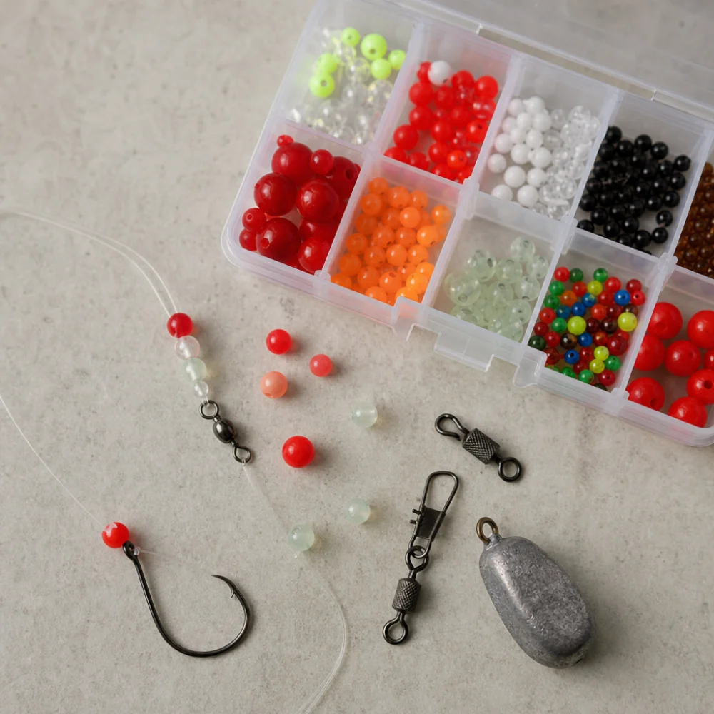 Assorted fishing beads and simple terminal tackle arranged on a neutral background.
