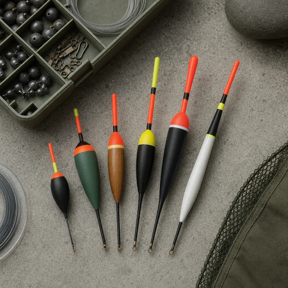 Several fishing floats arranged with fishing line on a neutral background.