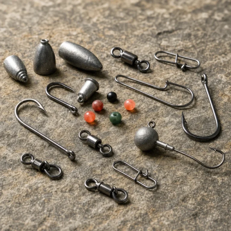 Assorted fishing terminal tackle pieces arranged on a neutral surface.