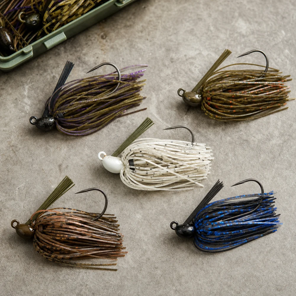 Assorted fishing jigs arranged on a neutral surface