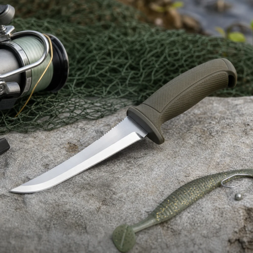 A fishing knife displayed with simple fishing gear on a neutral surface