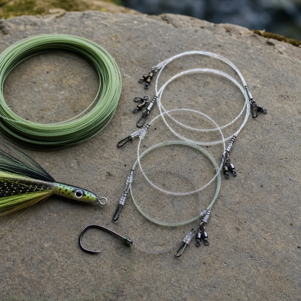 Fishing leaders arranged with fishing line and tackle on a neutral surface.