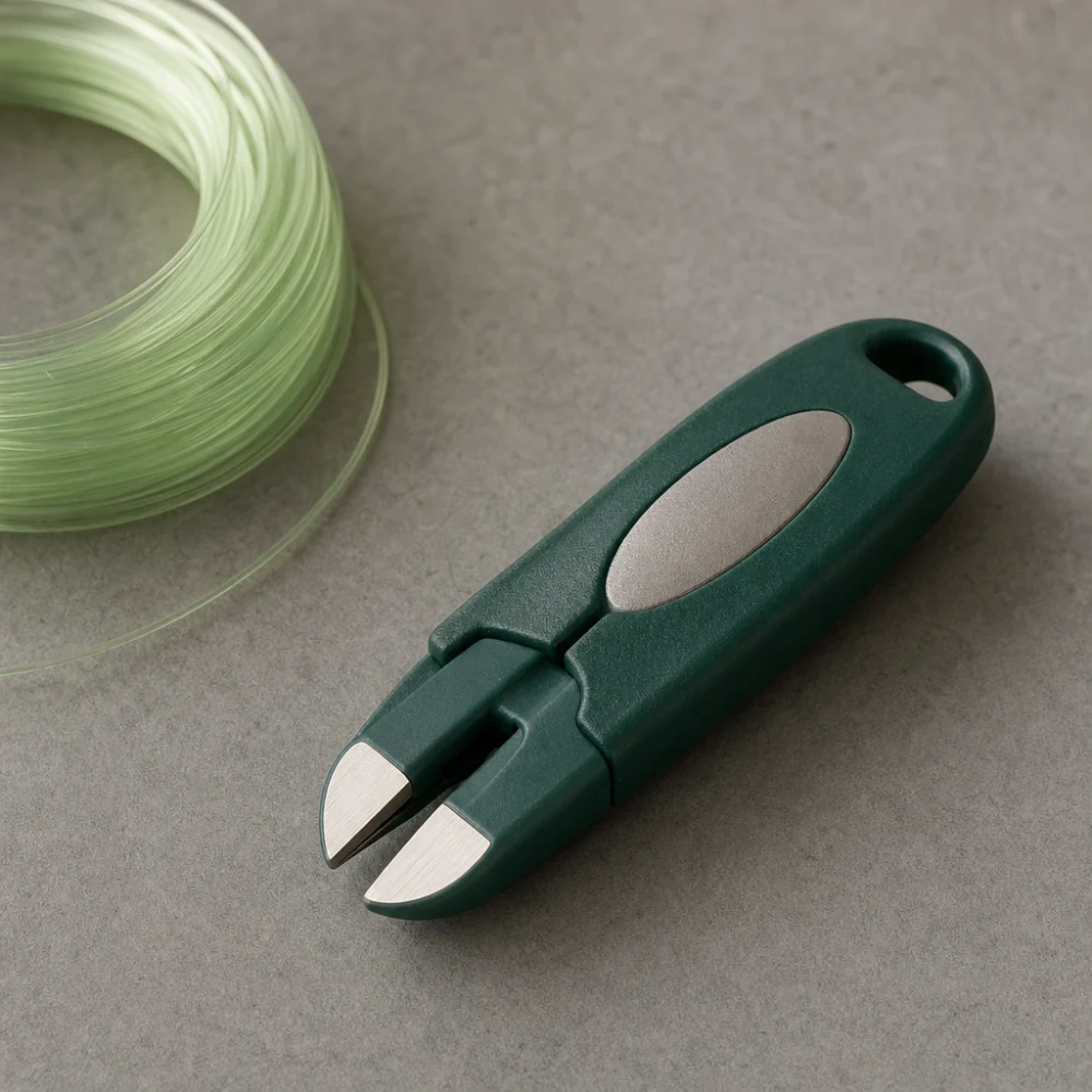 A generic fishing line cutter beside coiled fishing line on a neutral background.