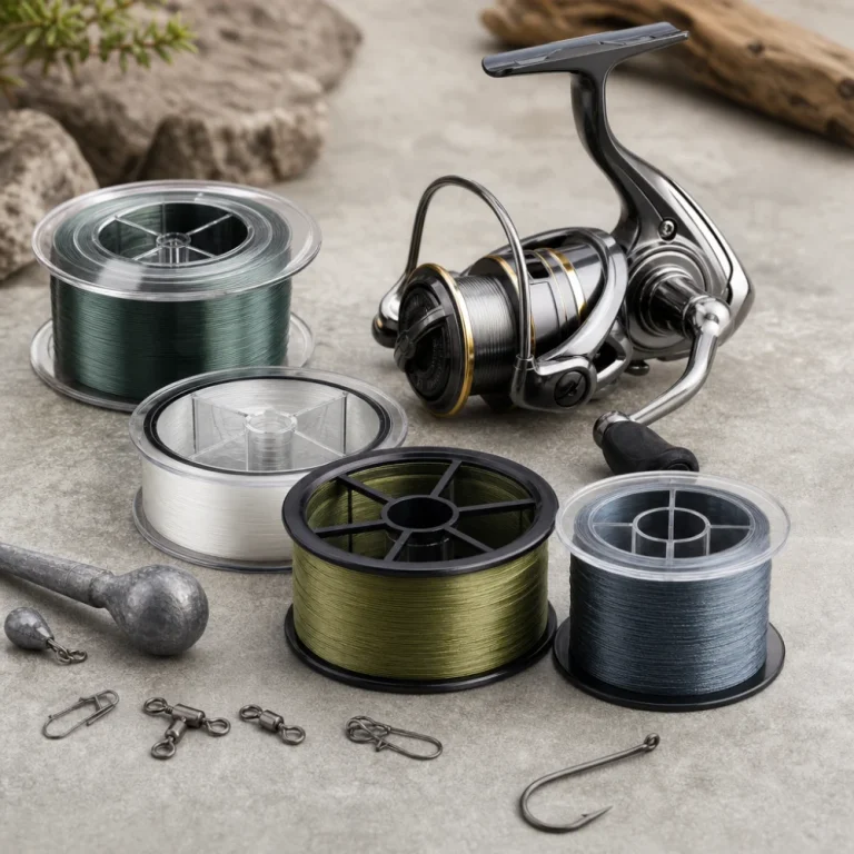 Fishing line spools beside a fishing reel
