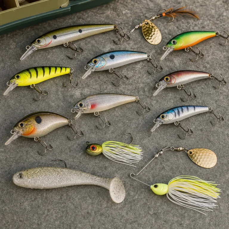 Assorted fishing lures arranged on a neutral surface
