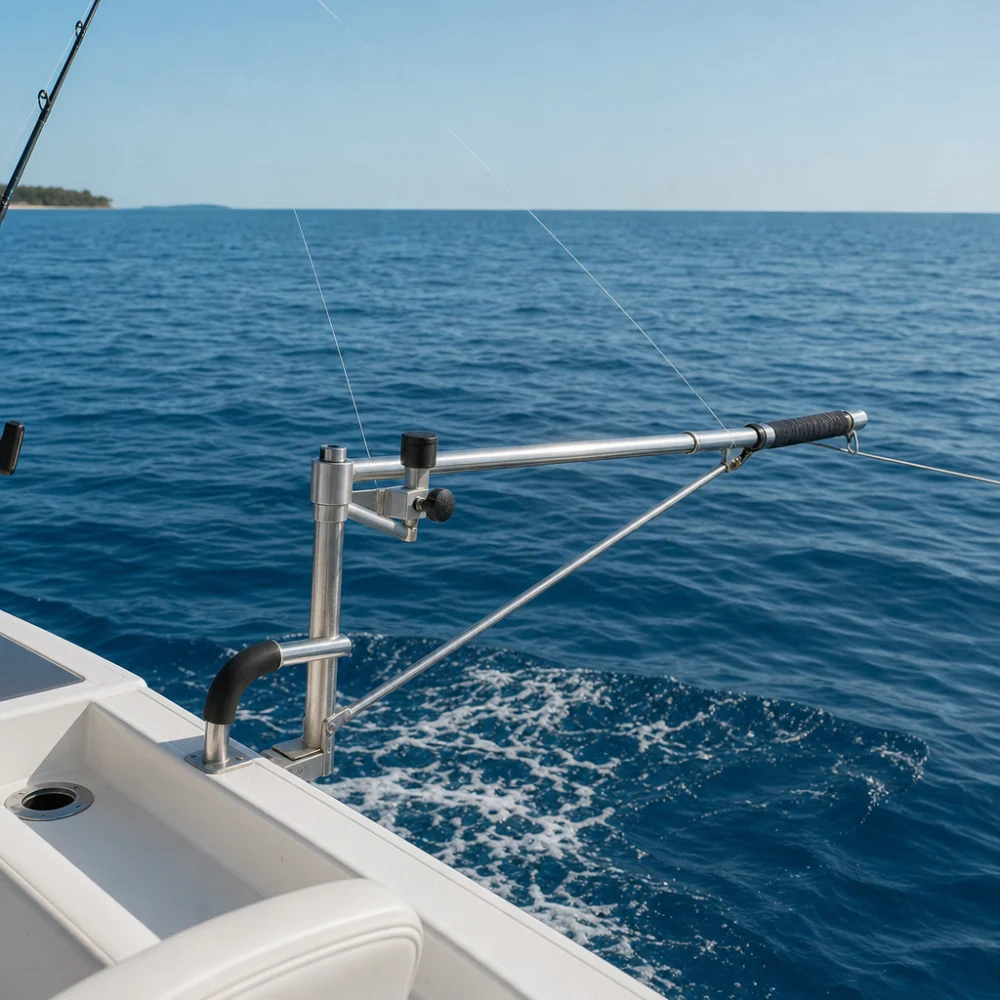 Boat-mounted fishing outrigger setup on a saltwater boat