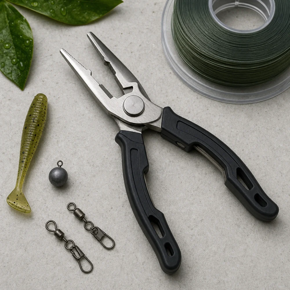 Fishing pliers arranged with simple fishing tackle on a neutral background.