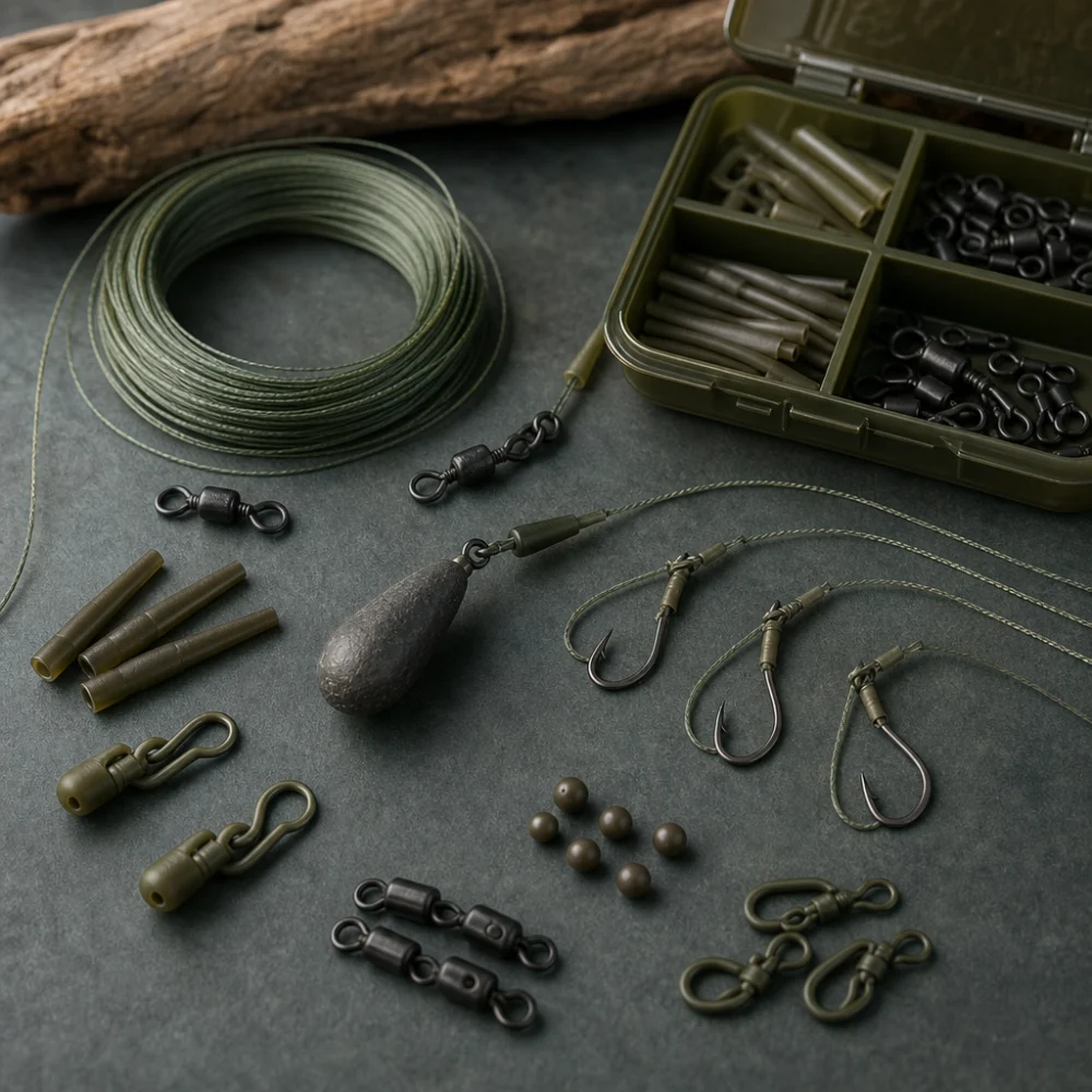 A neat assortment of generic fishing rig components and terminal tackle laid out on a neutral background.