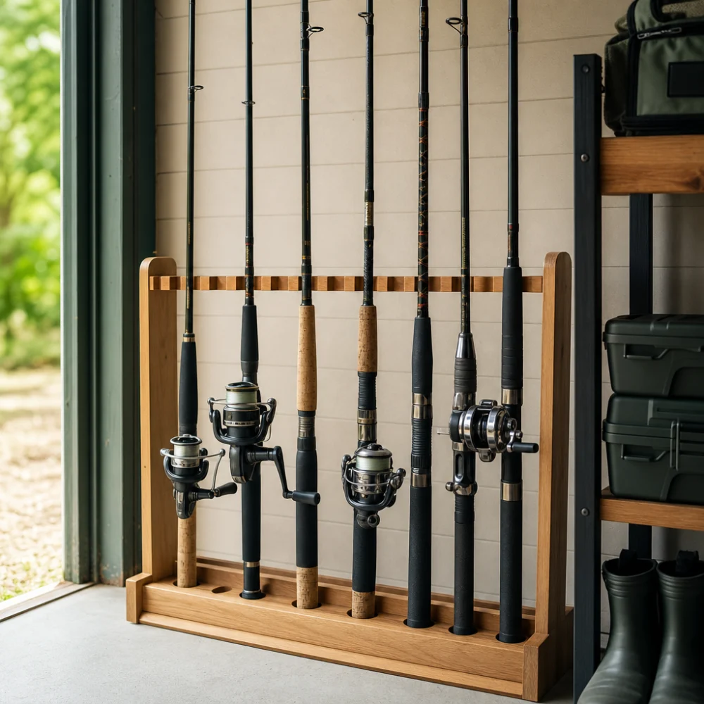Fishing rods neatly organized in a simple storage rack