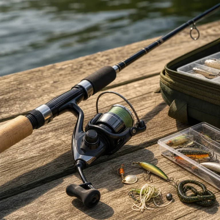 Fishing rod and reel combo with simple tackle on a neutral background