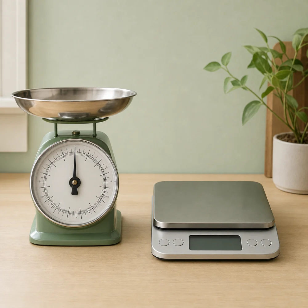 Mechanical fishing scale beside a digital fishing scale